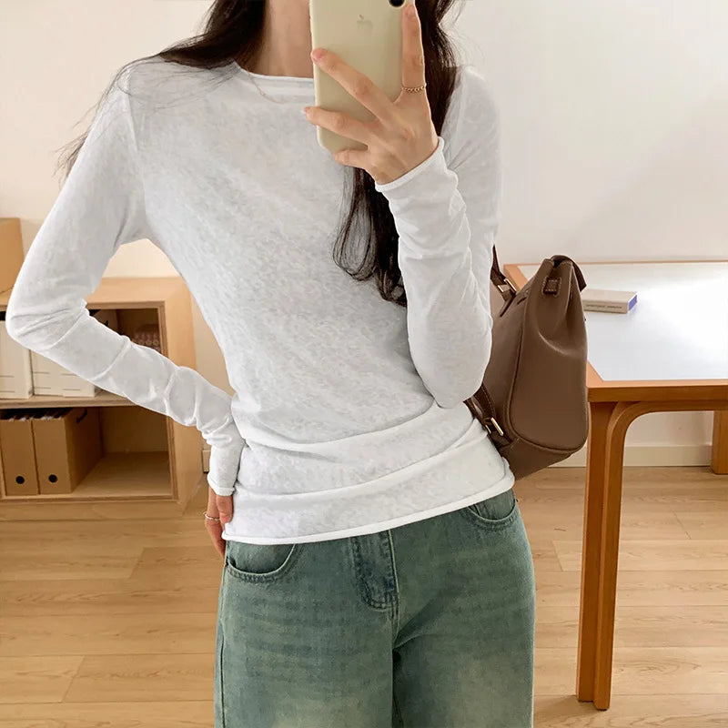 Frühling Herbst T-Shirt Damen Tops Einfarbig Slim Fit Langarm Rundhals T-Shirts Weiblich Lässige Streetwear Hochwertige Basic-Shirts