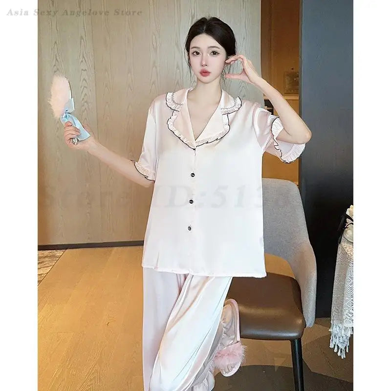 Sommerliches, neues Damen-Pyjama-Set, elegant im französischen Hofstil, Schlafanzug für Damen, Seidensatin-Homewear, intime Dessous