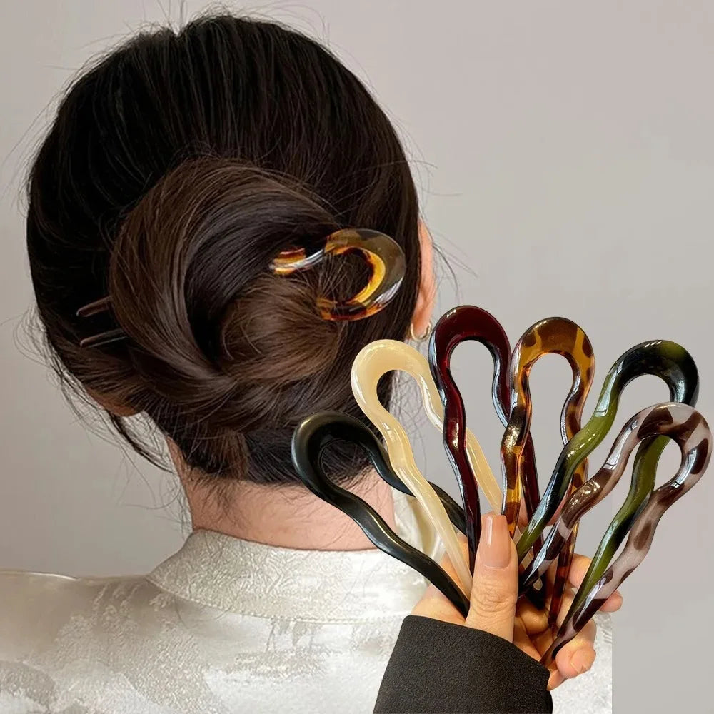 Fashion U-Shaped Hair Fork Tortoiseshell Acetate Acrylic Hairpin Geometric Women's Hair Accessories Hair Sticks Girls Headwear