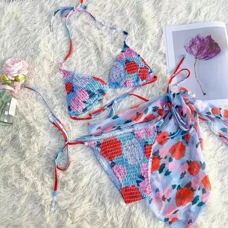 New Fashion Ribbed Floral Bikini Set for Small Chest Adjustable Tie Side Swimwear Women Summer Beach Bikinis