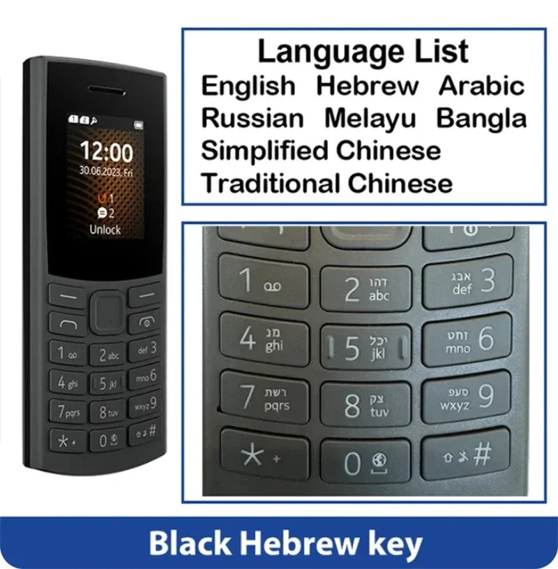 Finnland hat 105 2023 Bluetooth 5.0 Mobiltelefon 4G-Netz Dual-SIM 1,8" Akku UKW-Radio Anrufaufzeichnung Hebräische Tasten im Telefon hergestellt