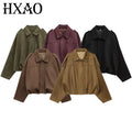 HXAO Wildleder Cropped Jacke Damen Bomberjacke Oversized Fledermausärmel Oberbekleidung Damen Lässiger Lockerer Mantel Street Style Jacken