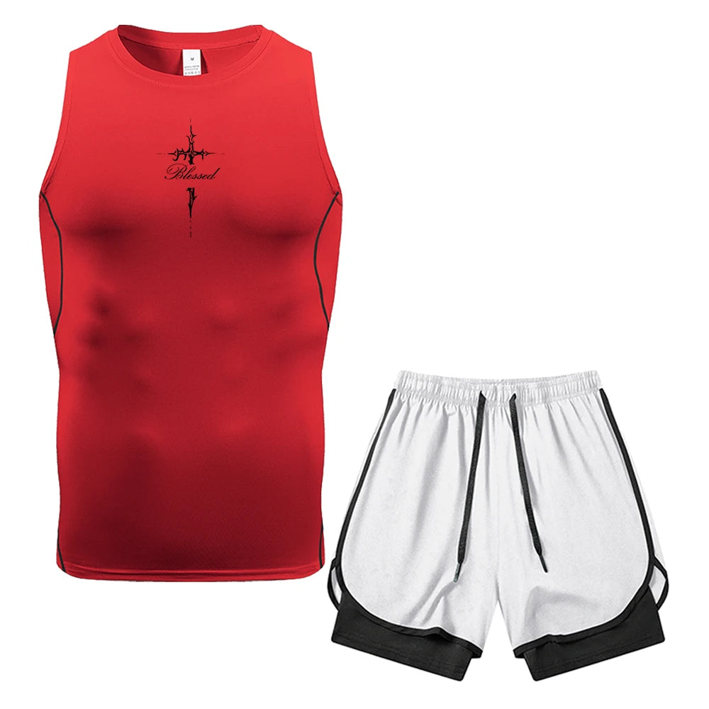 Herren 2-teiliges Kompressions-Set: Ärmellose Weste und doppelagige Shorts mit Dornenkreuz-Text-Print, Tasche und Handtuchring – ideal für das Fitnessstudio-Training