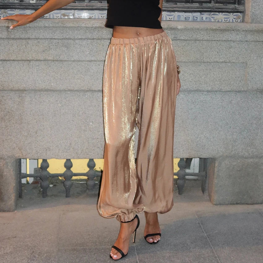 Linad Elegante Rosa Krepp Weite Pluderhose für Damen Street Chic Plissierte Hose Weiblich Herbst Vintage High Waist Lange Hose 2025
