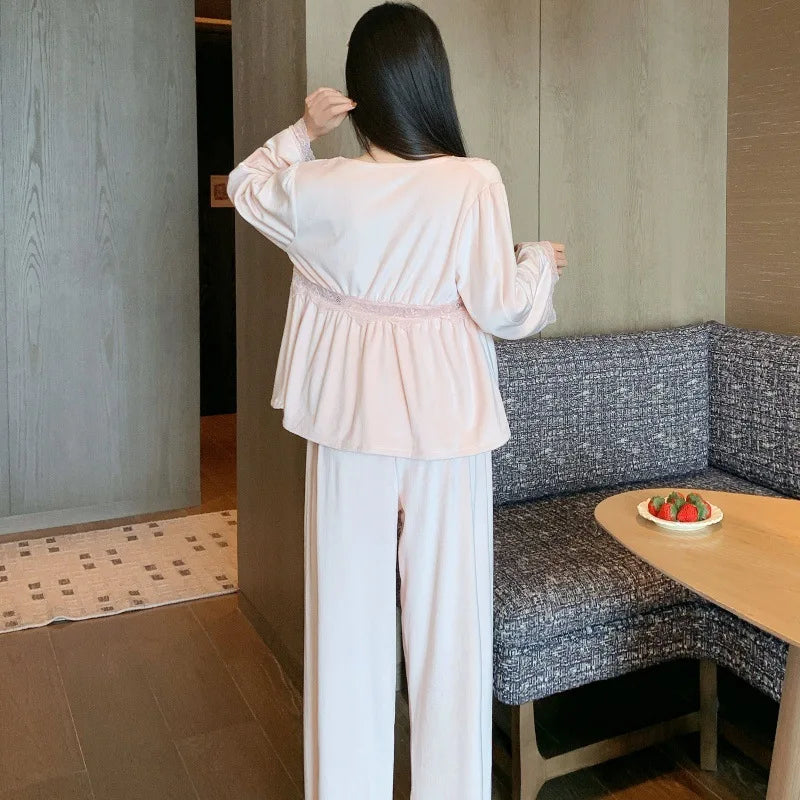 Female 3Pcs Pajamas Set Loungewear Elegant French Court Style Sleepwear Pyjama Pour Femme Velour Homewear Intimate Lingerie