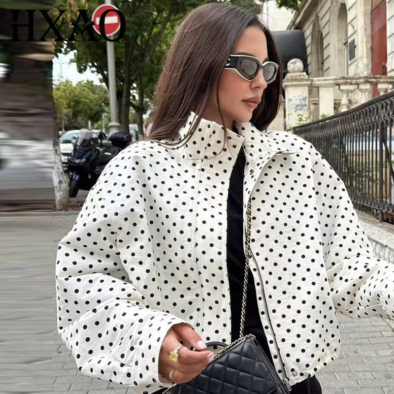 HXAO Polka Dot Bomberjacke Damen Jacken Übergangsjacke Oversized Langarm Oberteil Oberbekleidung Fliegerjacke Plus Size Reißverschluss Kurze Jacken