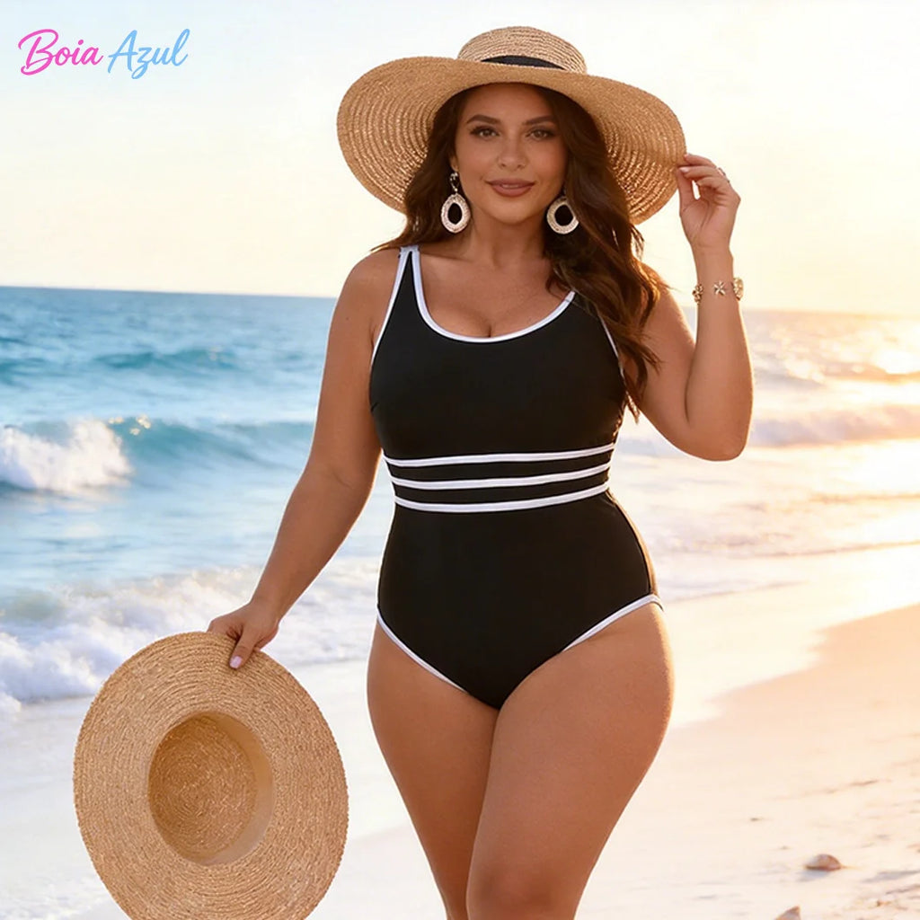 Plus size black and white contrast edge one-piece swimsuit with U-neckline and waistline detail for ladies L-5XL