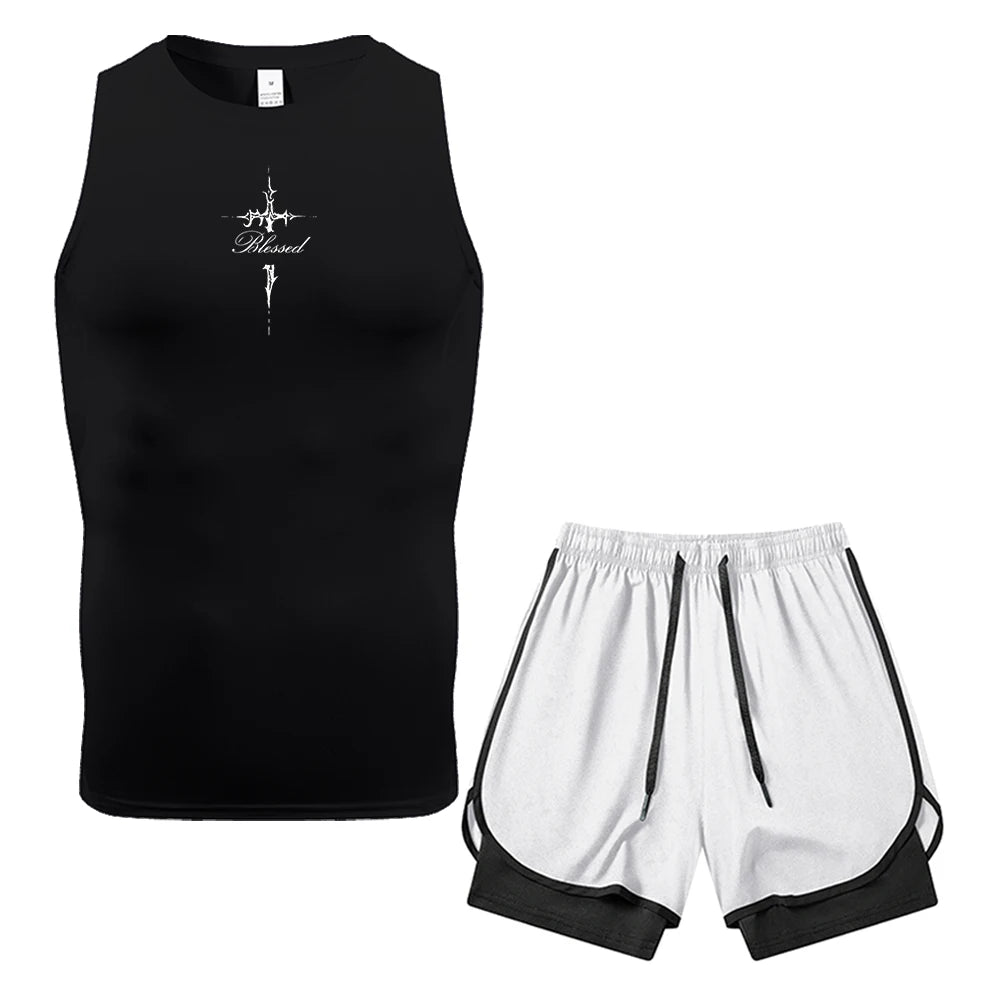 Herren 2-teiliges Kompressions-Set: Ärmellose Weste und doppelagige Shorts mit Dornenkreuz-Text-Print, Tasche und Handtuchring – ideal für das Fitnessstudio-Training