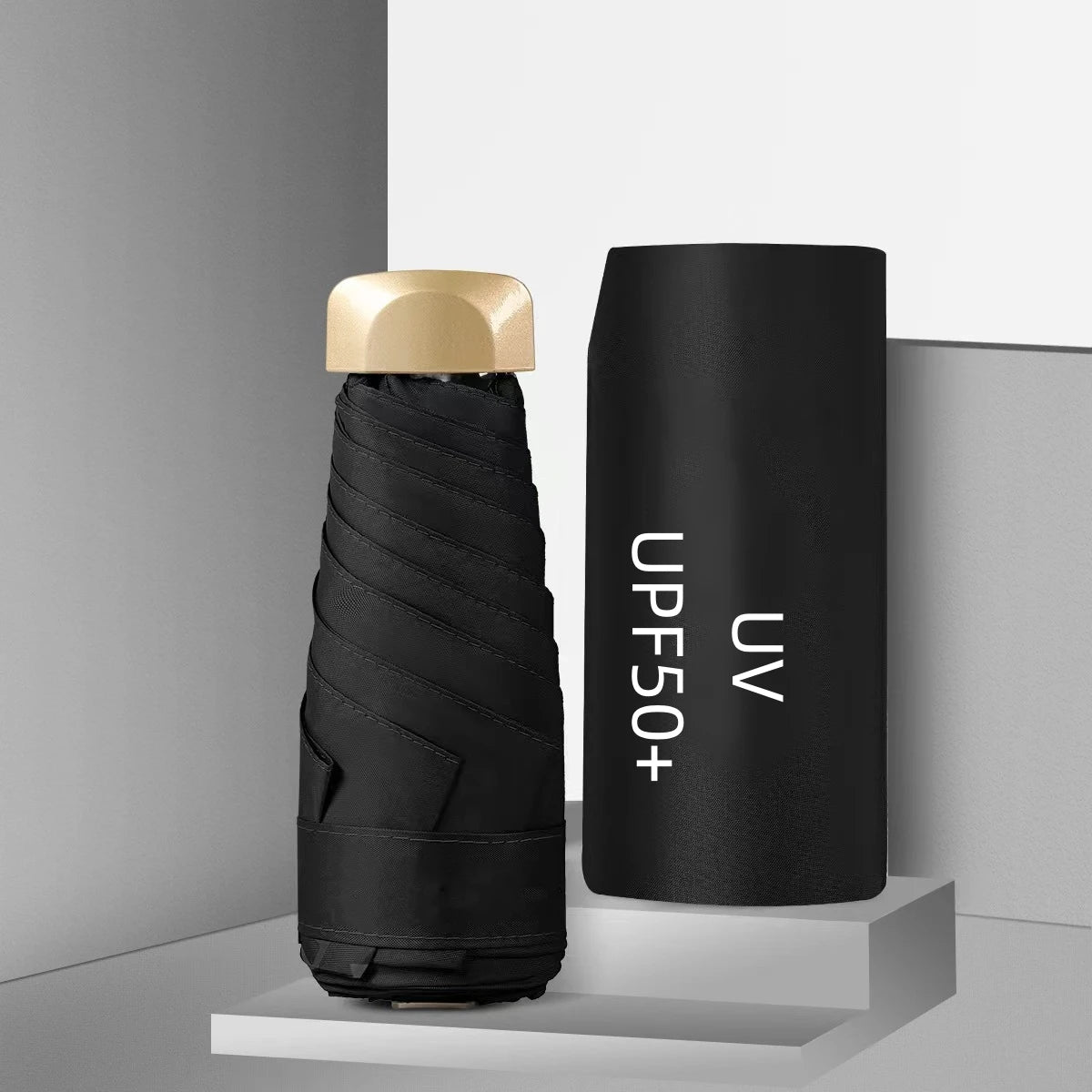 UPF50+ Mini Flachschirm, 5-fach faltbar, tragbarer Taschen-UV-Schutz-Regenschirm für Damen