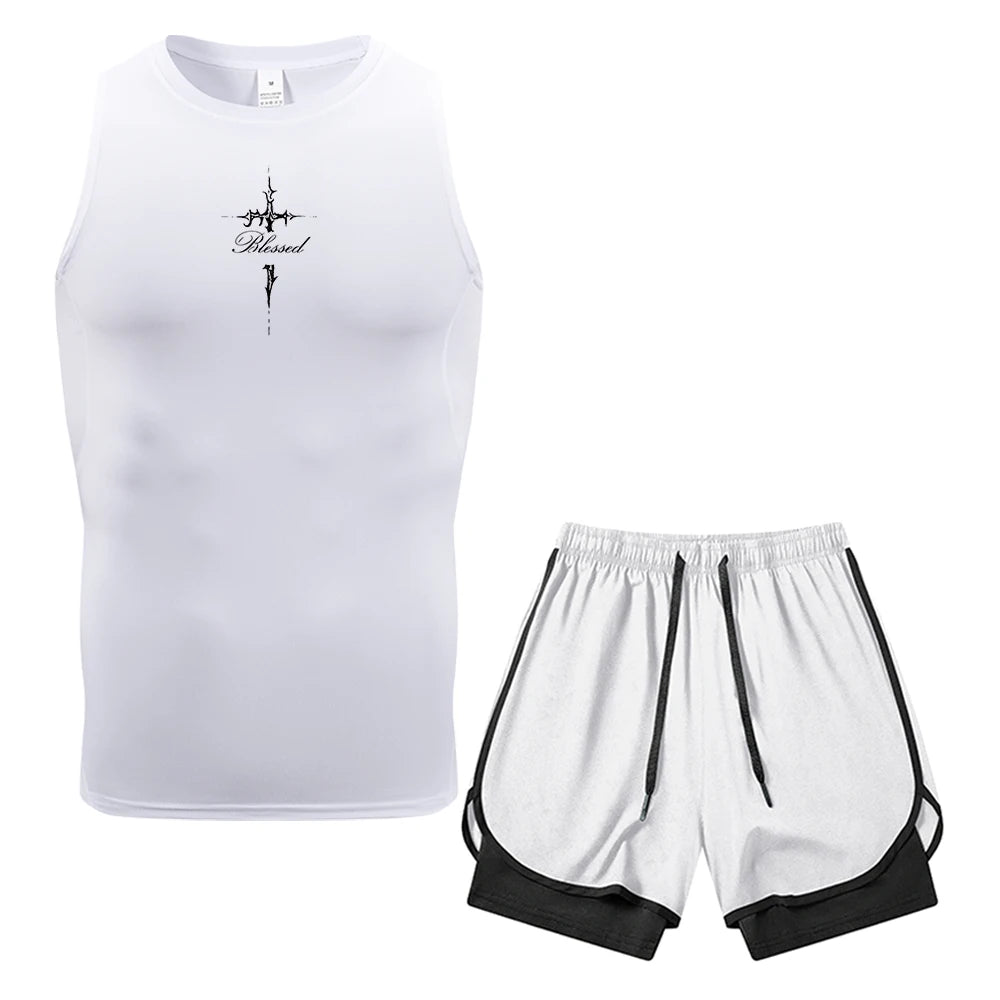 Herren 2-teiliges Kompressions-Set: Ärmellose Weste und doppelagige Shorts mit Dornenkreuz-Text-Print, Tasche und Handtuchring – ideal für das Fitnessstudio-Training