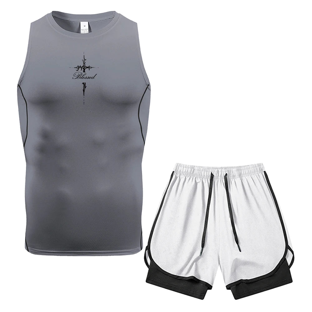 Herren 2-teiliges Kompressions-Set: Ärmellose Weste und doppelagige Shorts mit Dornenkreuz-Text-Print, Tasche und Handtuchring – ideal für das Fitnessstudio-Training