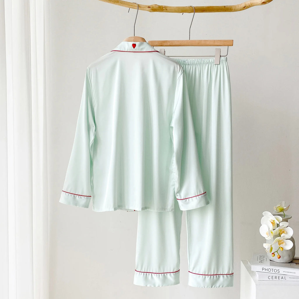 Autumn Casual Home Wear Pyjama Pour Femme Female Long Sleeve Pajamas Trouser Suits Green Satin Sleepwear Lounge Wear Lingerie