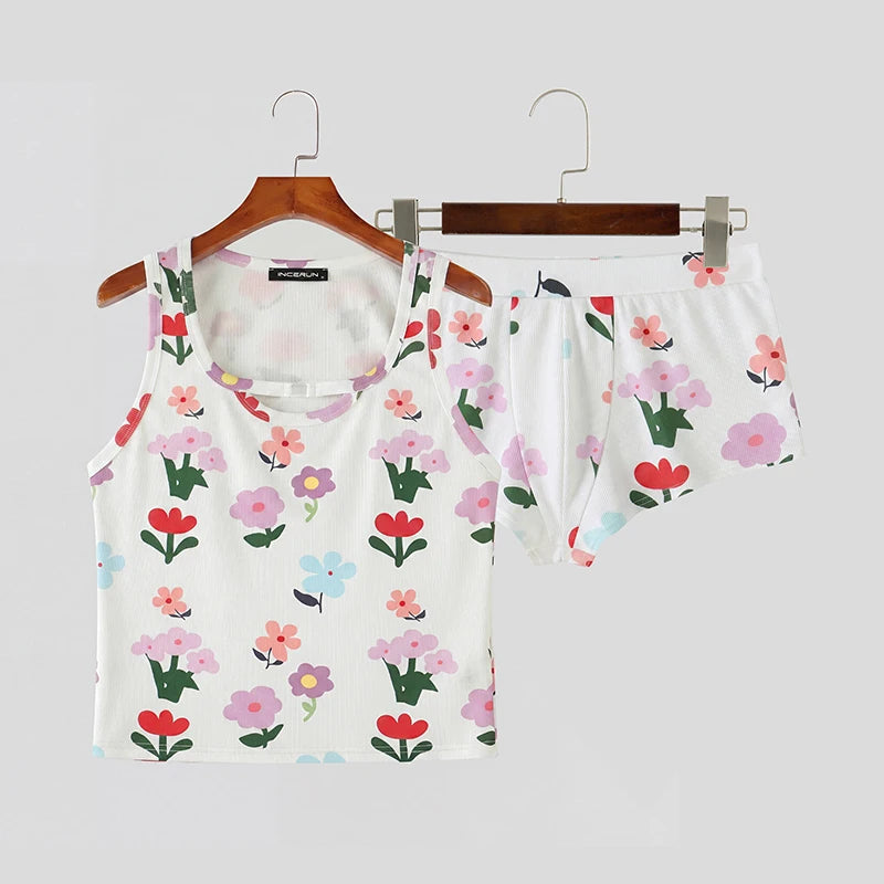 INCERUN Herren-Sets mit Blumendruck, Sommer-Homewear, ärmellose Tanktops, Shorts, zweiteilige Sets 2026, lässige Unisex-Partner-Sets
